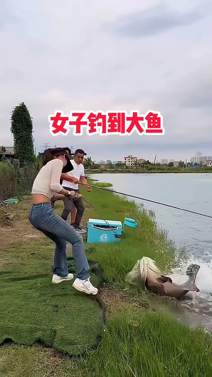 女子钓到大鱼,太幸运了