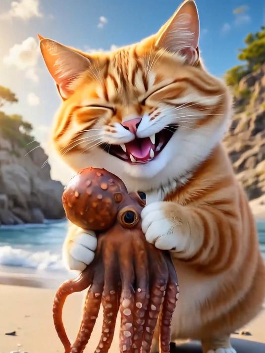胖橘猫赶海抓到一只大章鱼!