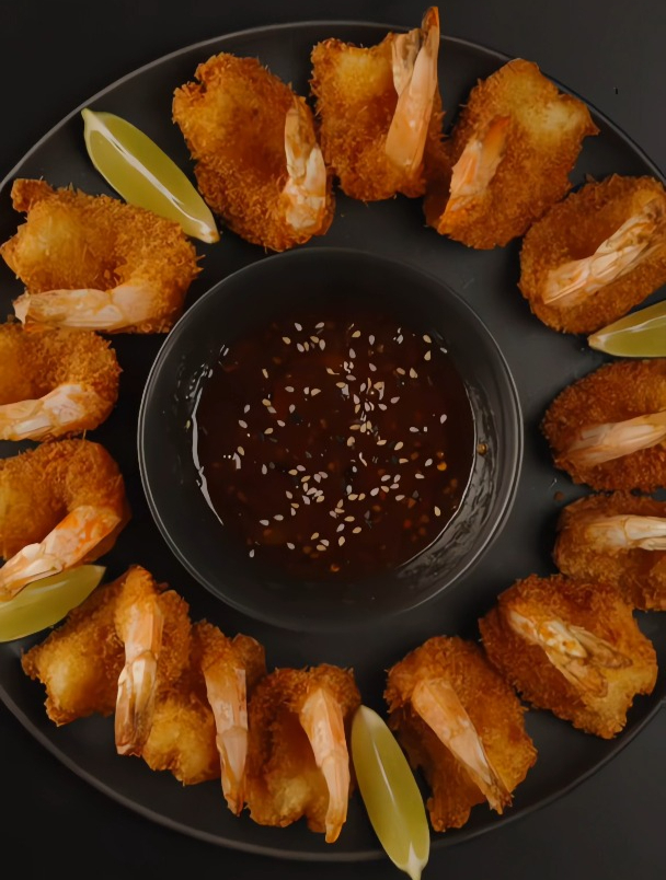 椰子球虾,油炸至金黄,摆盘再淋上叶子浓缩汁尽情享用吧