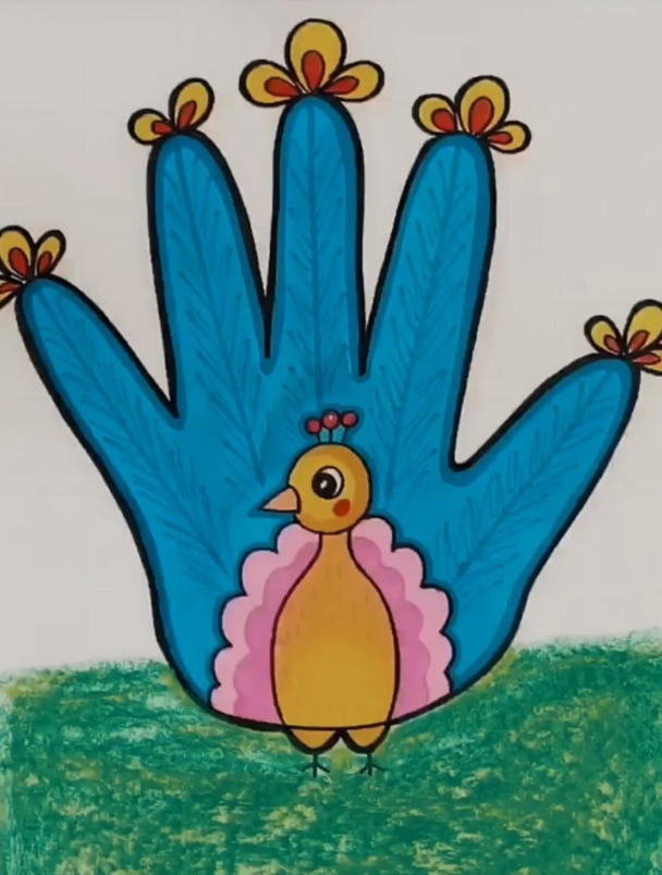 创意手掌画孔雀简笔画,简笔画教学
