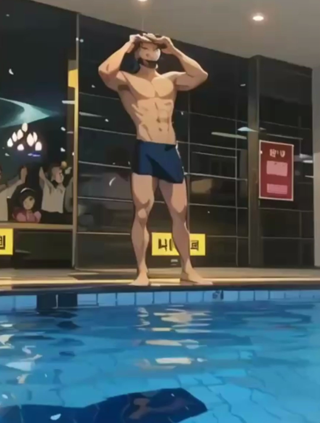 泳池偶遇大块头肌肉男,下水的样子很可爱