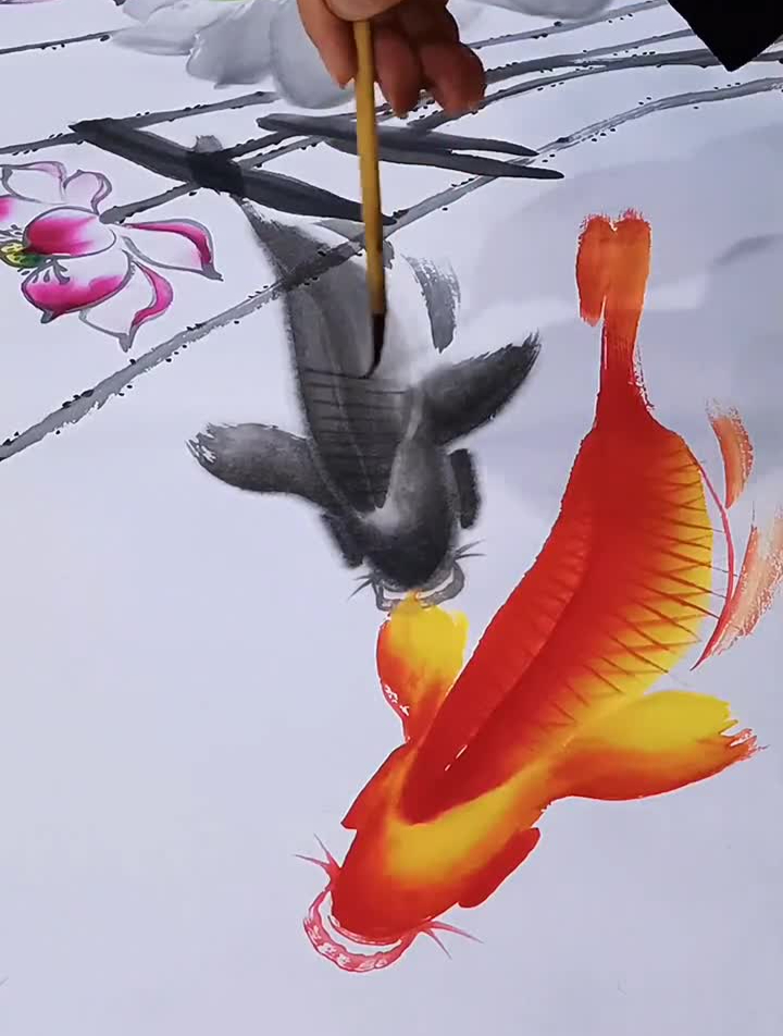 写意六尺九鱼荷花国画