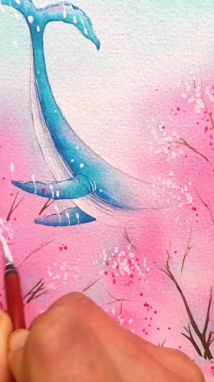 水彩樱花鲸鱼手绘教程,简单的