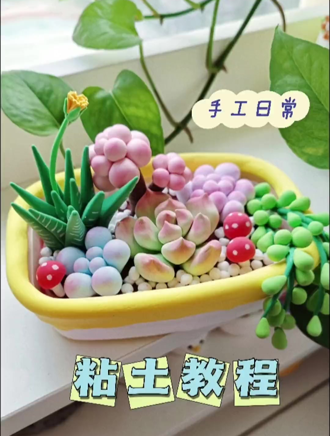 一看就会的超轻粘土多肉盆栽拼盘,每一颗多肉都是超简单的哦