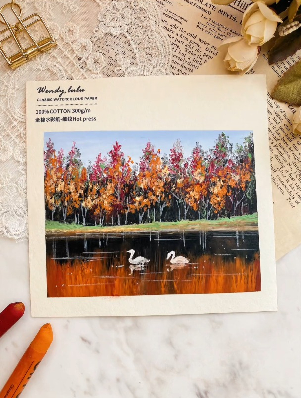 秋日天鹅湖治愈系油画棒