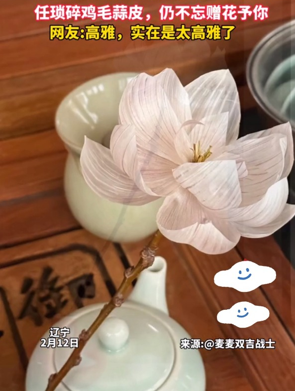 网友用蒜皮做出花朵,任琐碎鸡毛蒜皮,仍不忘赠花予你!~