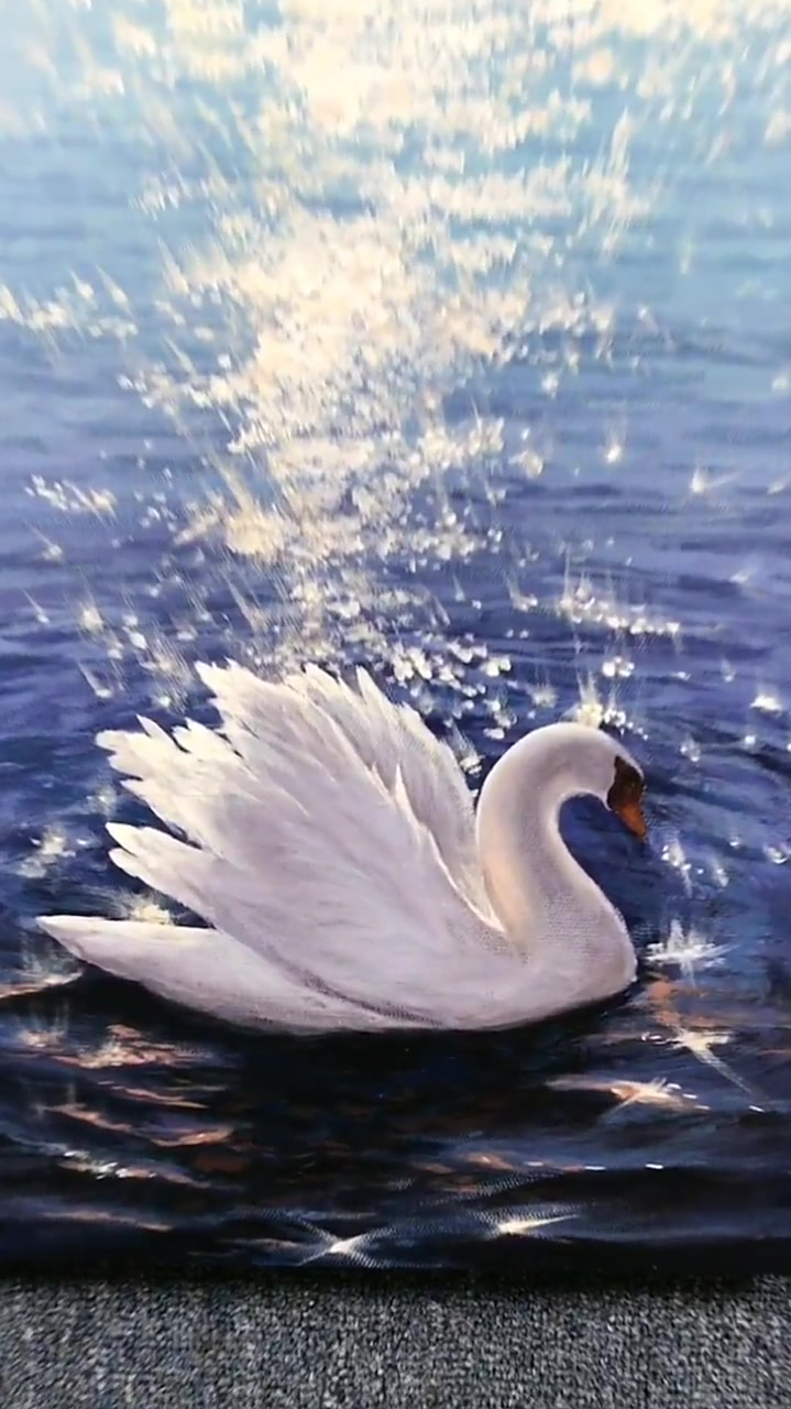 阳光波麟的天鹅戏水油画