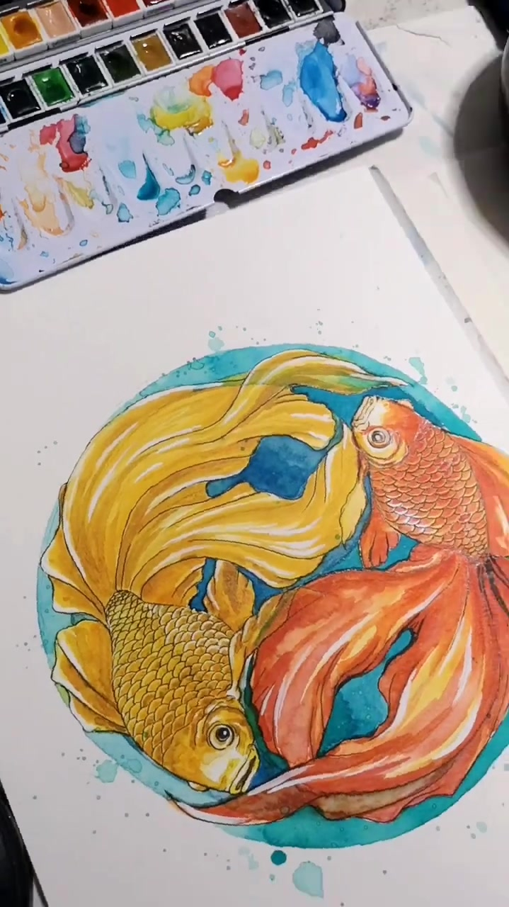 水彩金鱼画,有没有看出点太极图的影子