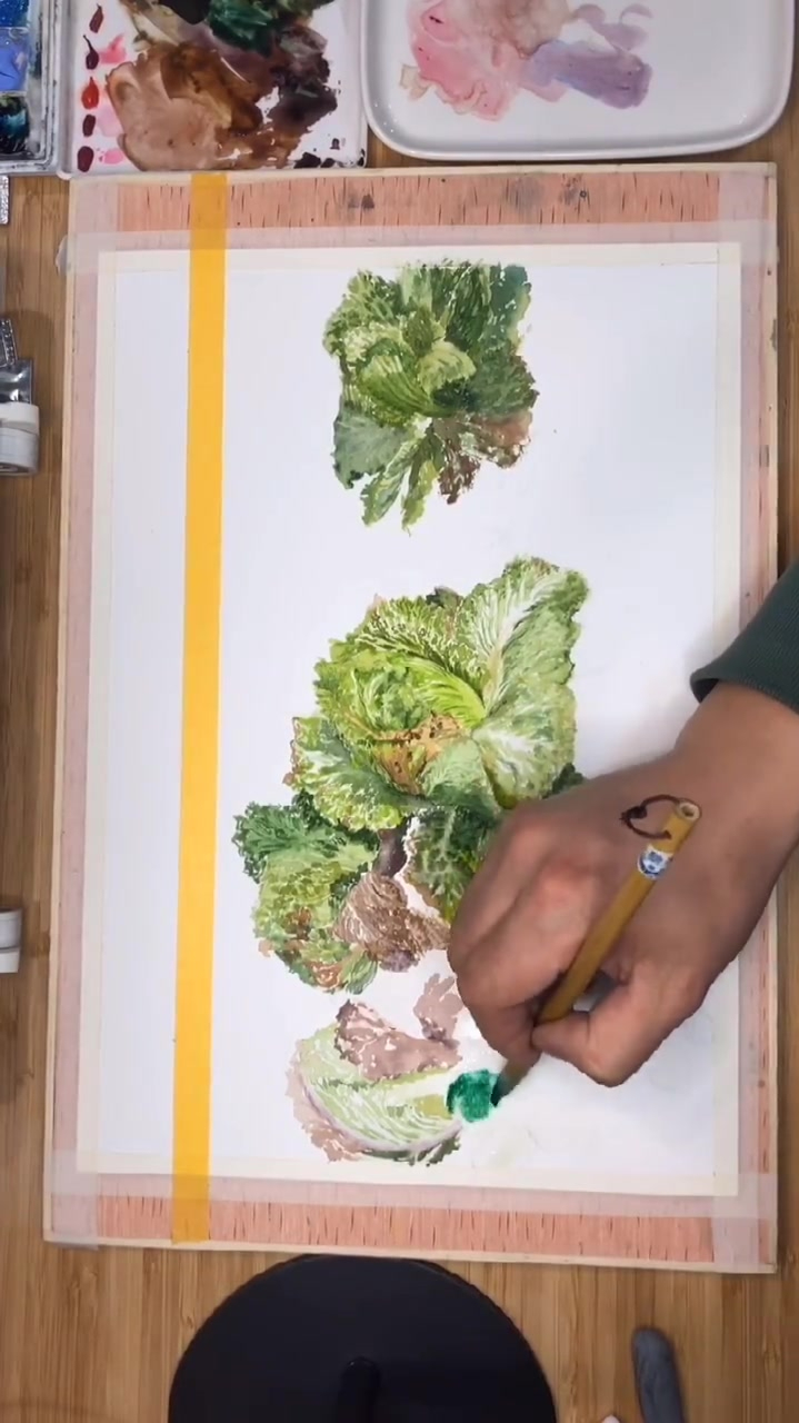 白菜水彩创作全过程,4小时浓缩2分钟