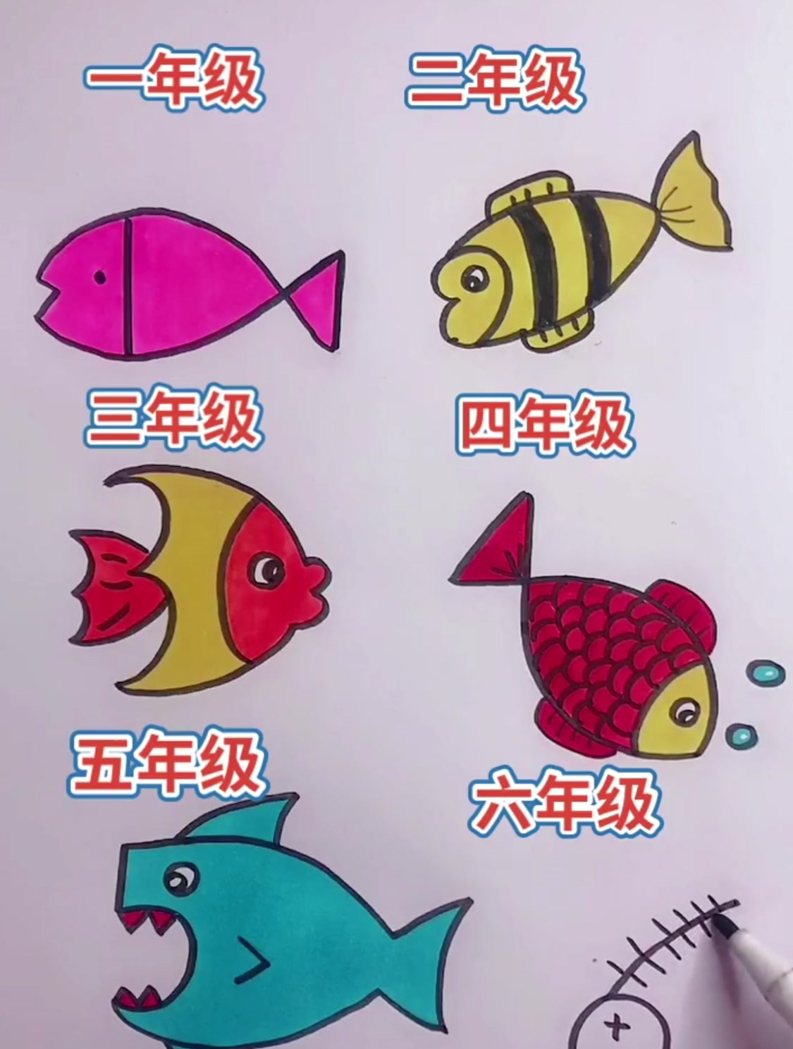 不同年级怎么用数字画鱼,六年级画的是什么鱼?