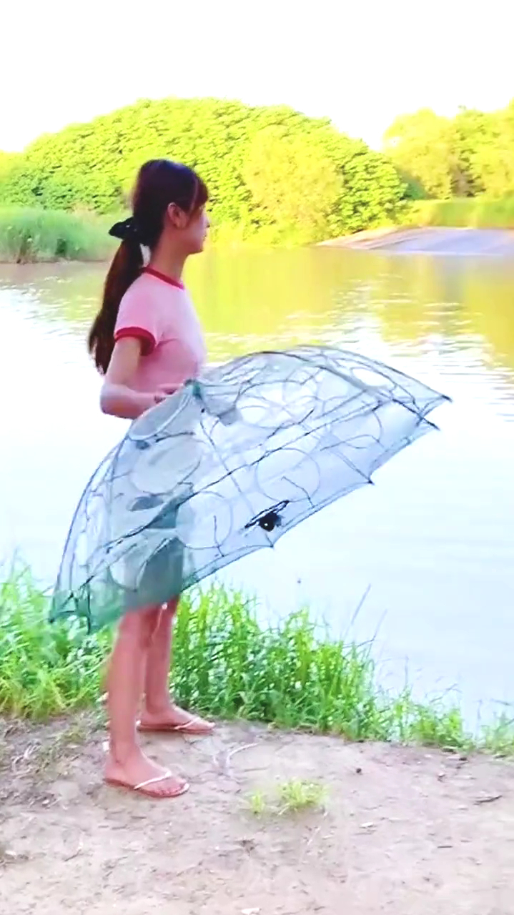 美女用新型伞状捕鱼笼抓鱼,水里一扔,天天有鱼吃!
