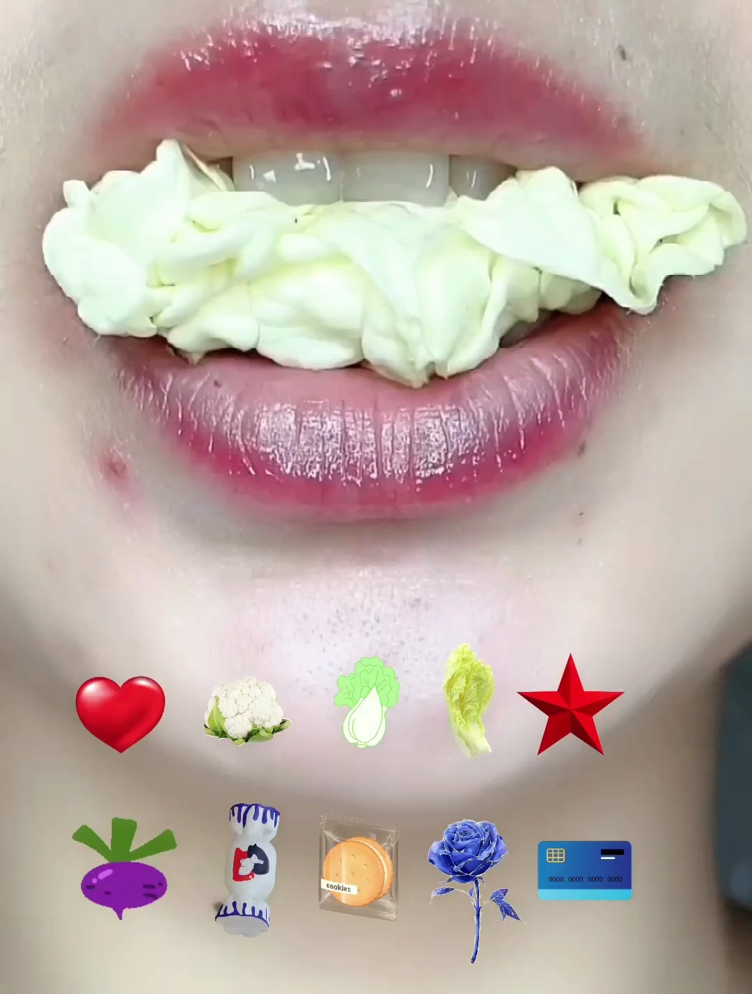 白菜叶子、夹心饼干、红萝卜、葡萄软糖