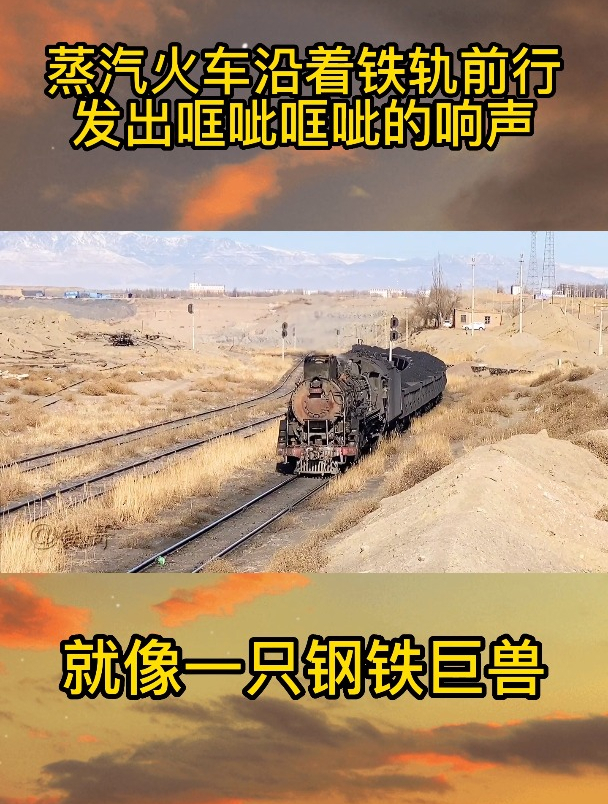 蒸汽火车沿着铁轨前行,发出哐呲哐呲的响声,就像一只钢铁巨兽