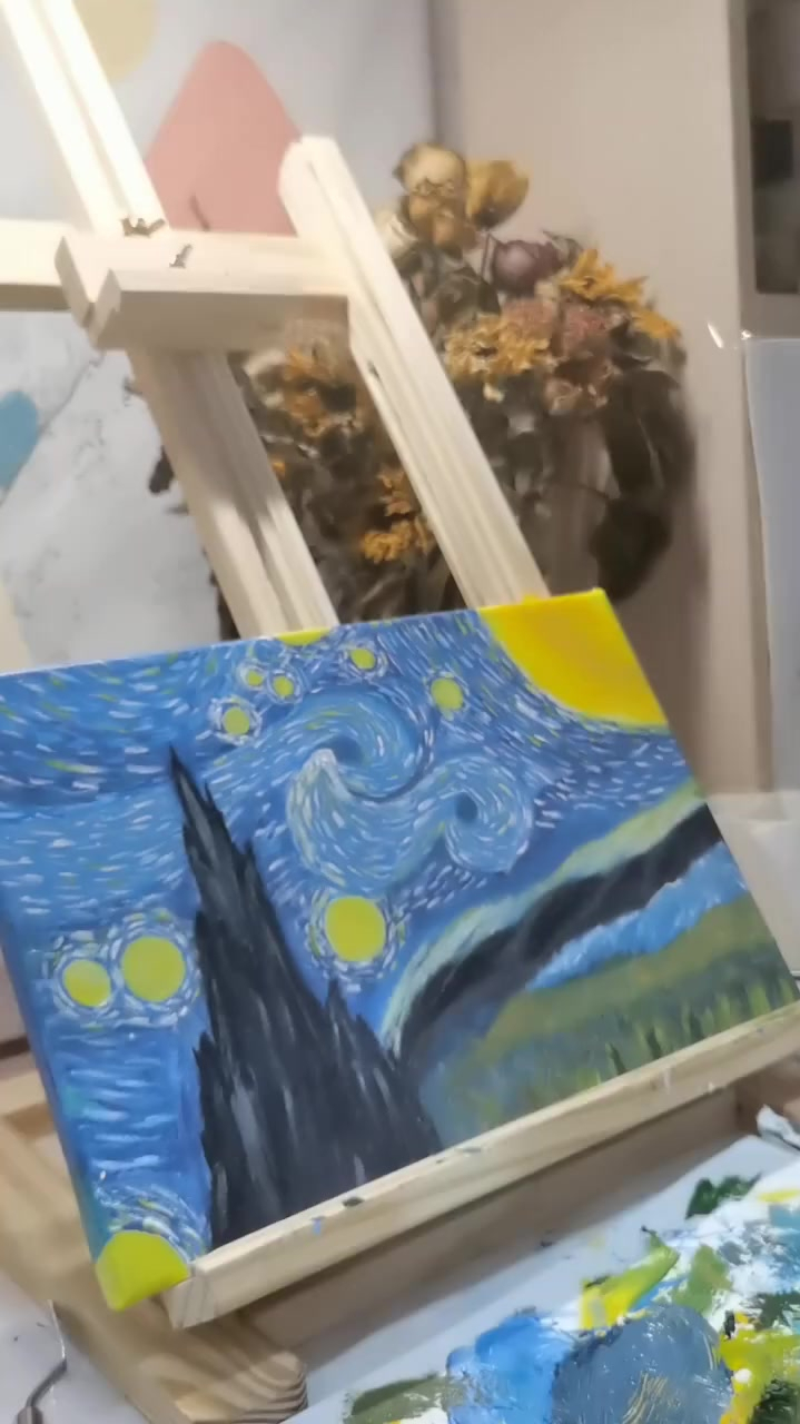 隔离日常,丙烯画,梵高星空