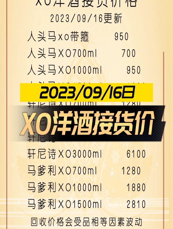 9月16日xo洋酒收购行情价格表