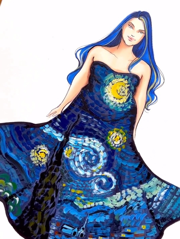 梵高的星空???? 马克笔手绘 时装画 服装设计手绘 绘画过程分享