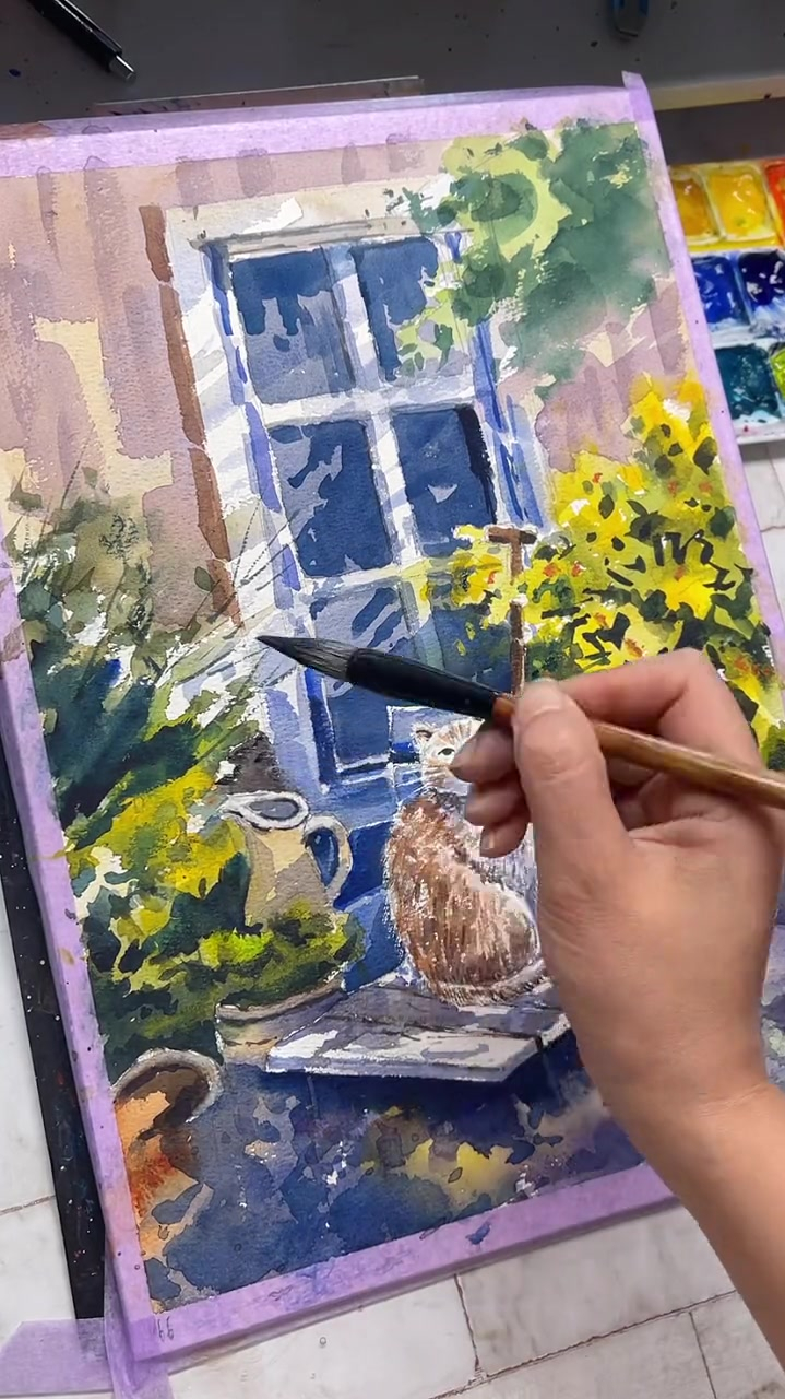偷吃咸鱼干的猫猫躲在了春天里,水彩画画,手绘