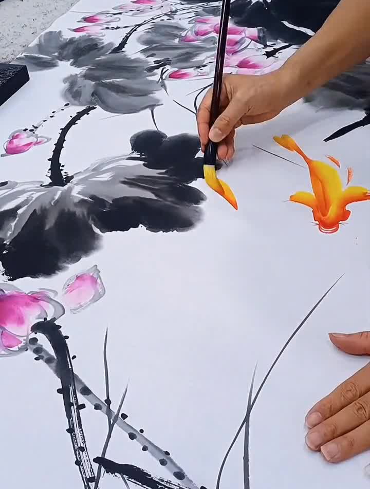 小六尺大写意荷花,小写意鲤鱼写意花鸟国画