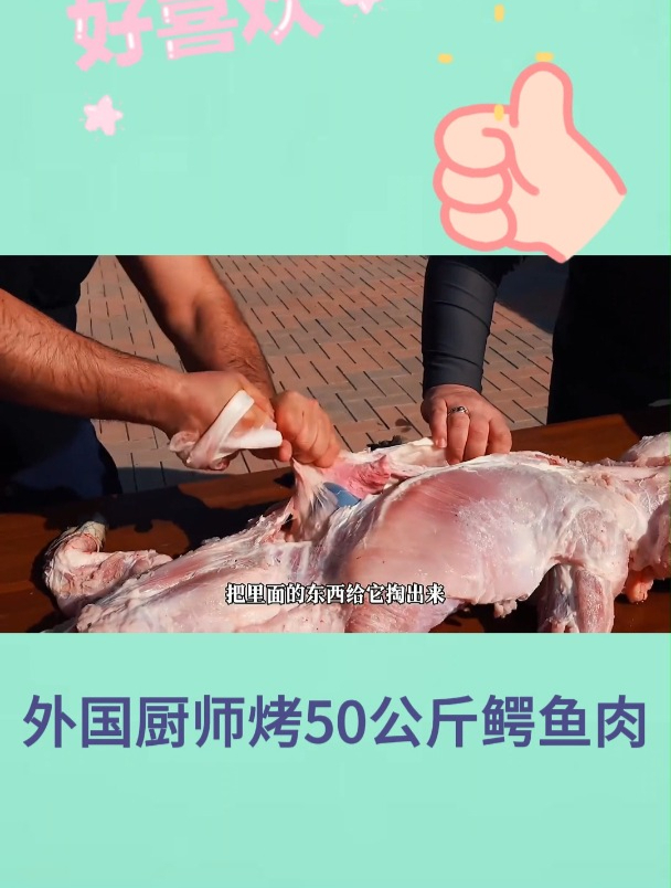 外国厨师烤50公斤鳄鱼肉3