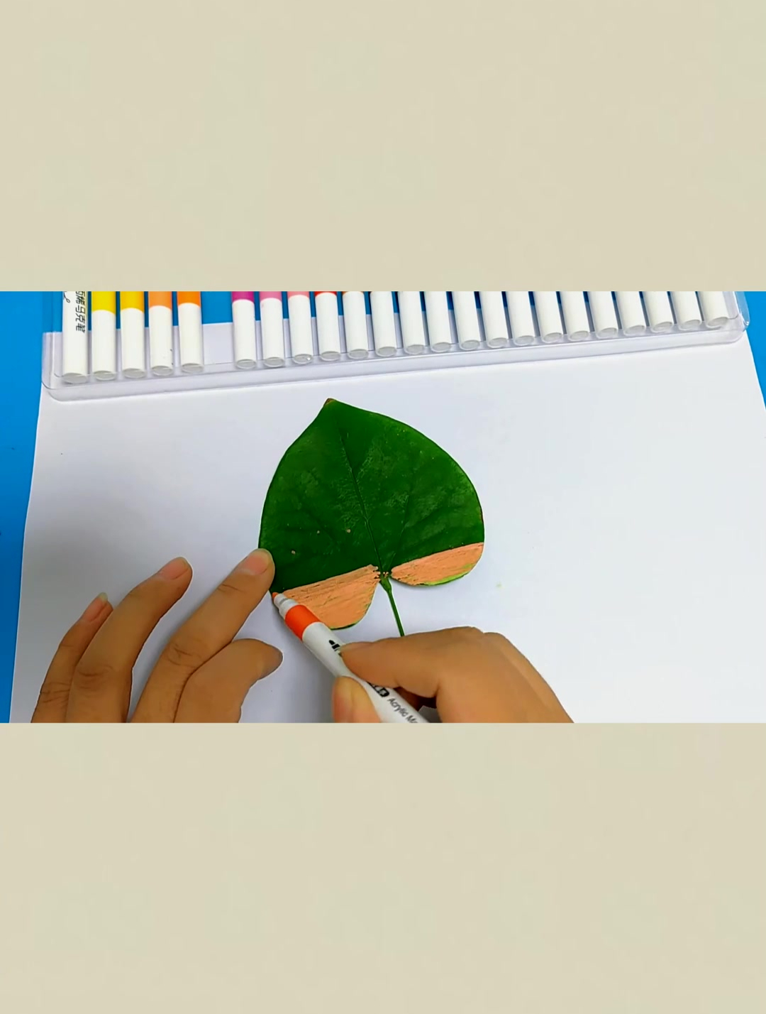 树叶画风景画,儿童画,创意画,丙烯马克笔画风景