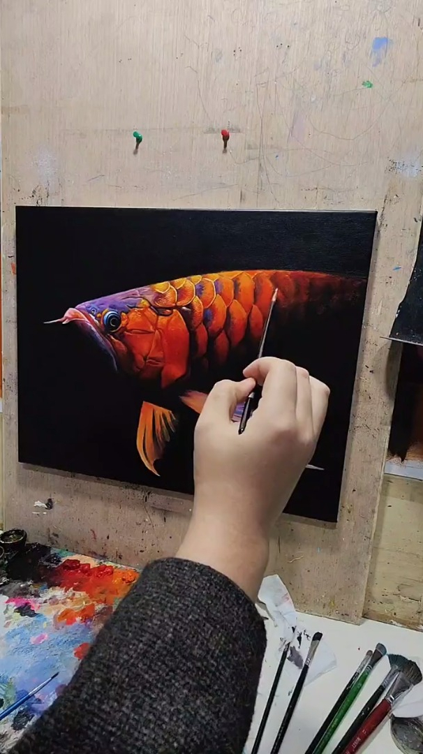 油画龙鱼过程,开始塑造了