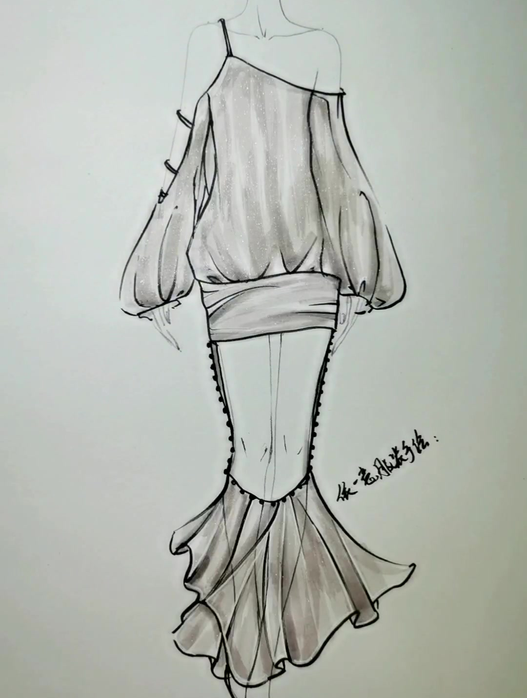 日常着装搭配手绘系列——教你肩部不对称吊装鱼尾裙画法 手绘
