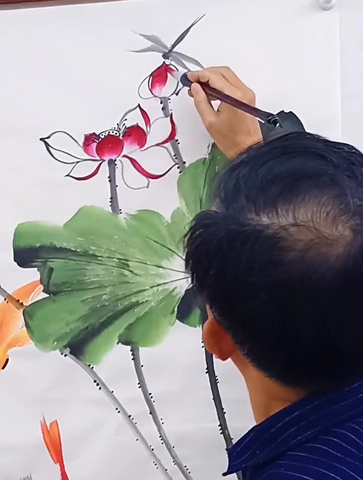 彩墨荷花九鱼画法想画就画国画