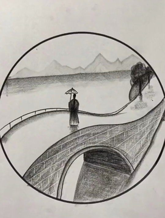 素描简笔画,古人独游雨中西湖