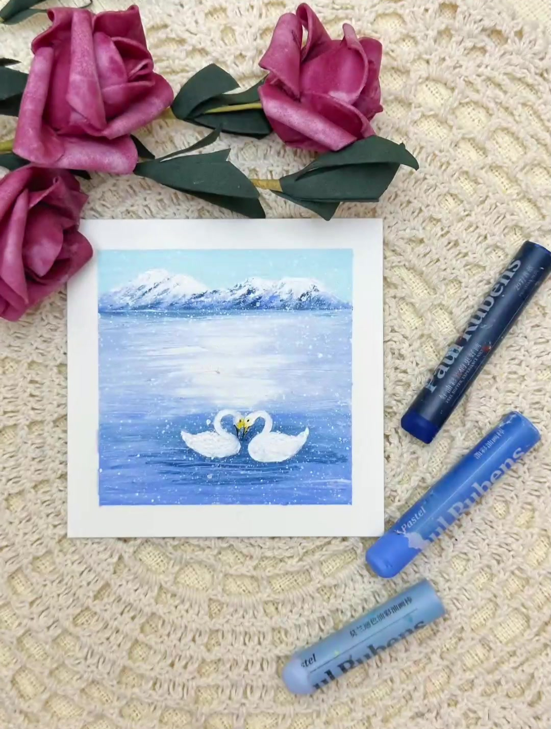 冬日里的天鹅湖 油画棒绘画教程