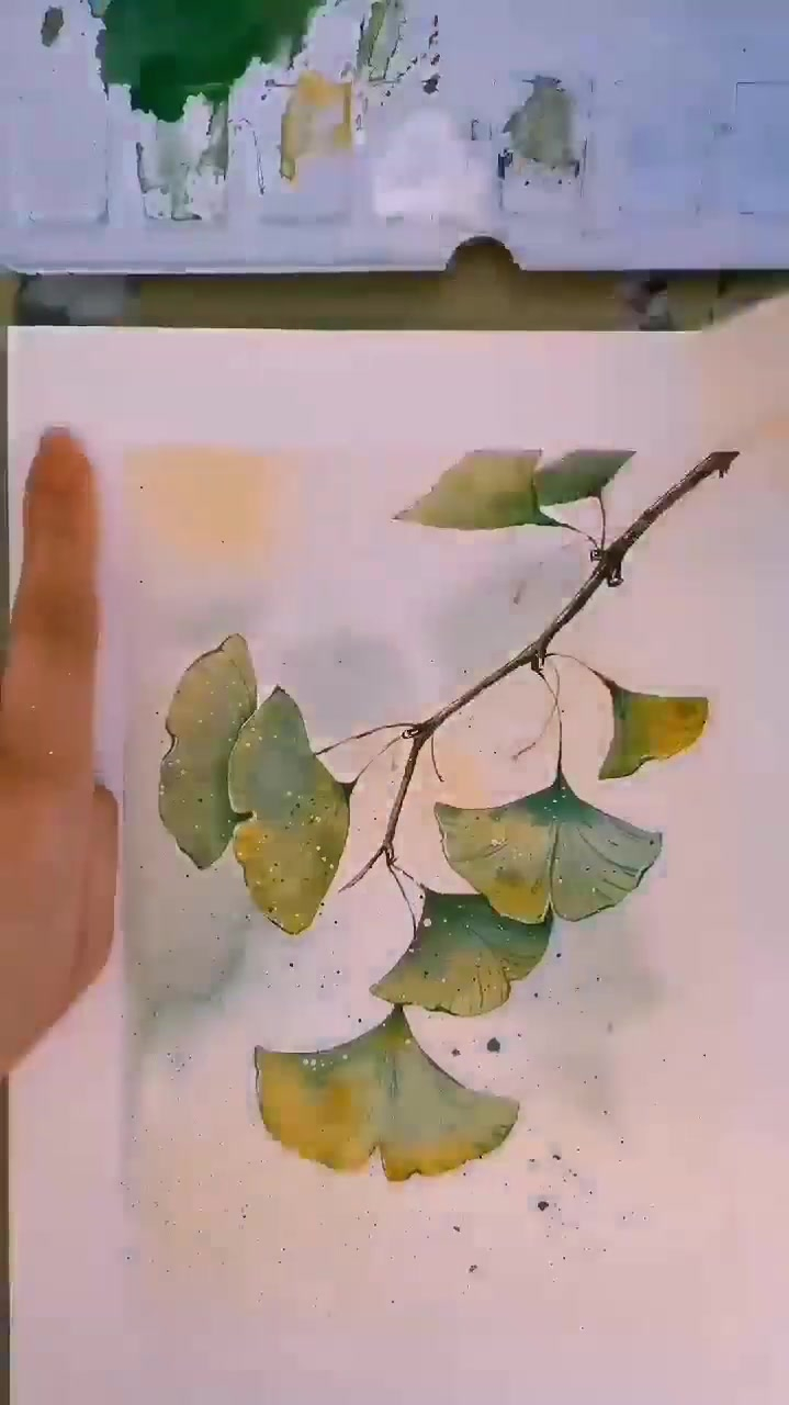 水彩手绘银杏树枝教程视频