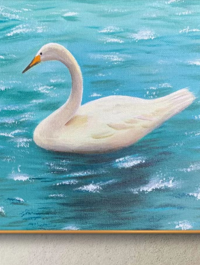 丙烯画 天鹅湖中白天鹅