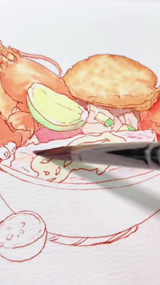 水彩美食,来碗龙虾水彩画,水彩美食