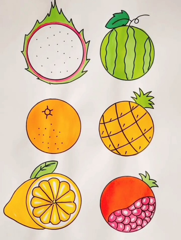 萌系简笔画,用六个圆画各种好吃的水果!