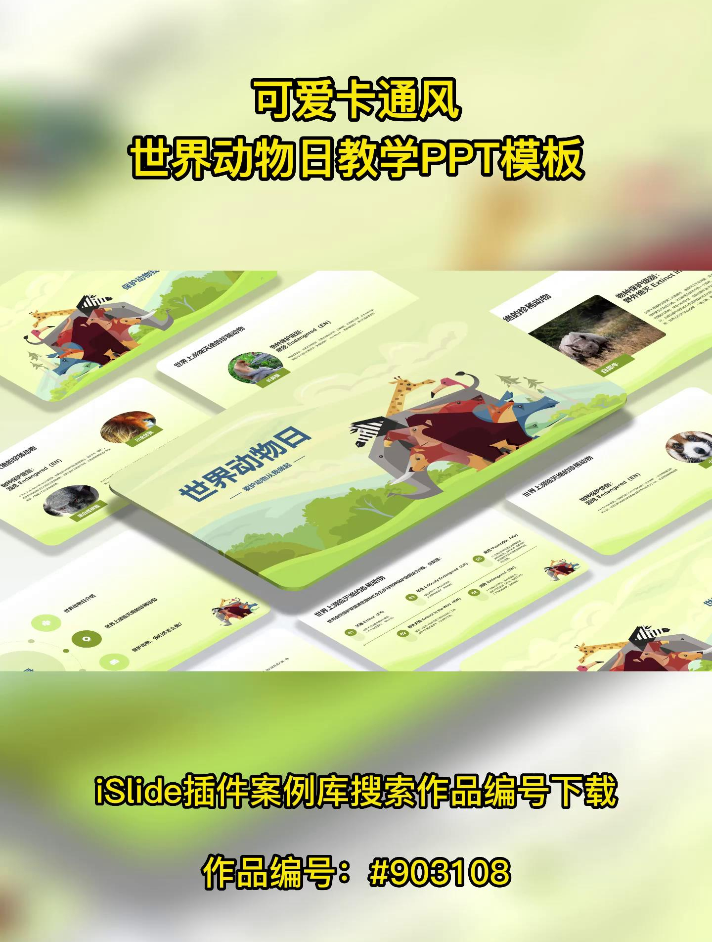可爱卡通风世界动物日教学PPT模板——作品编号:903108