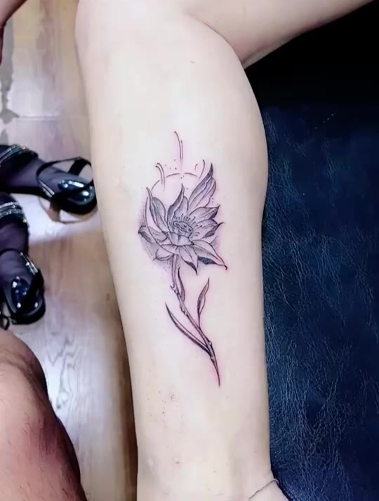 女朋友腿上的纹身,这么性感的荷花,真是太美了