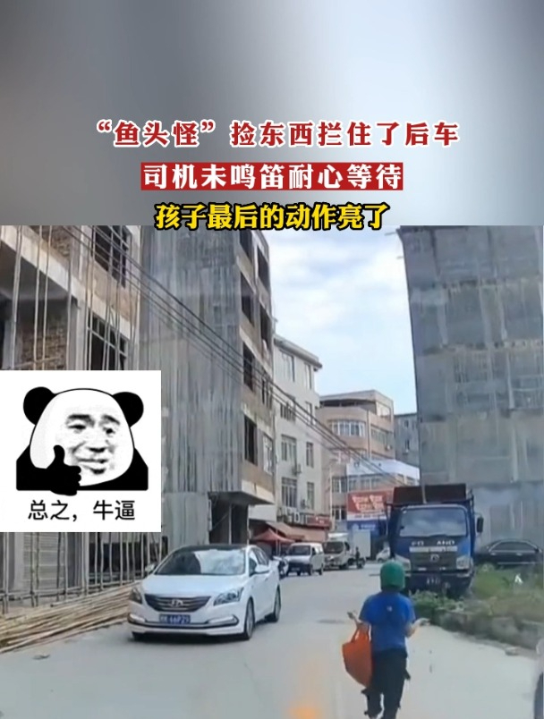 “鱼头怪”捡东西拦住了后车,司机未鸣笛耐心等待