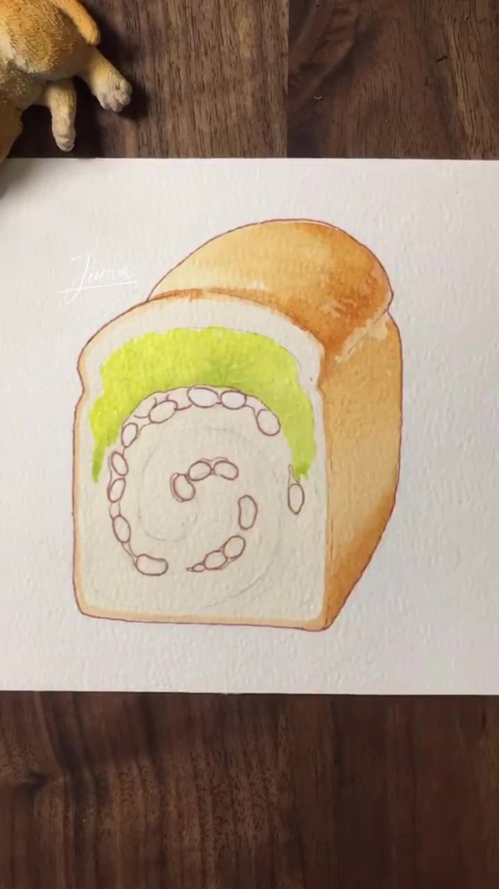 水彩美食,抹茶红豆吐司