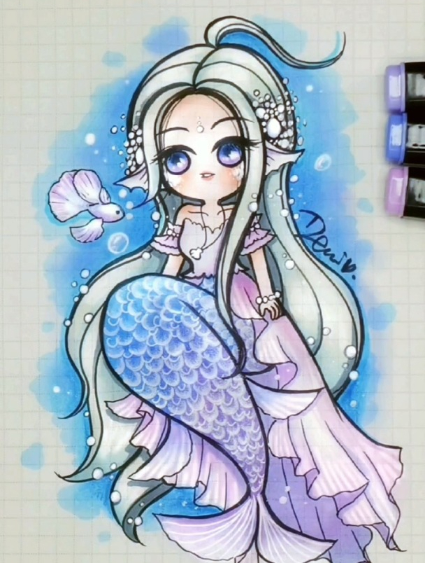 手绘,可爱拟人画,穿着婚纱的小鱼,美丽高贵