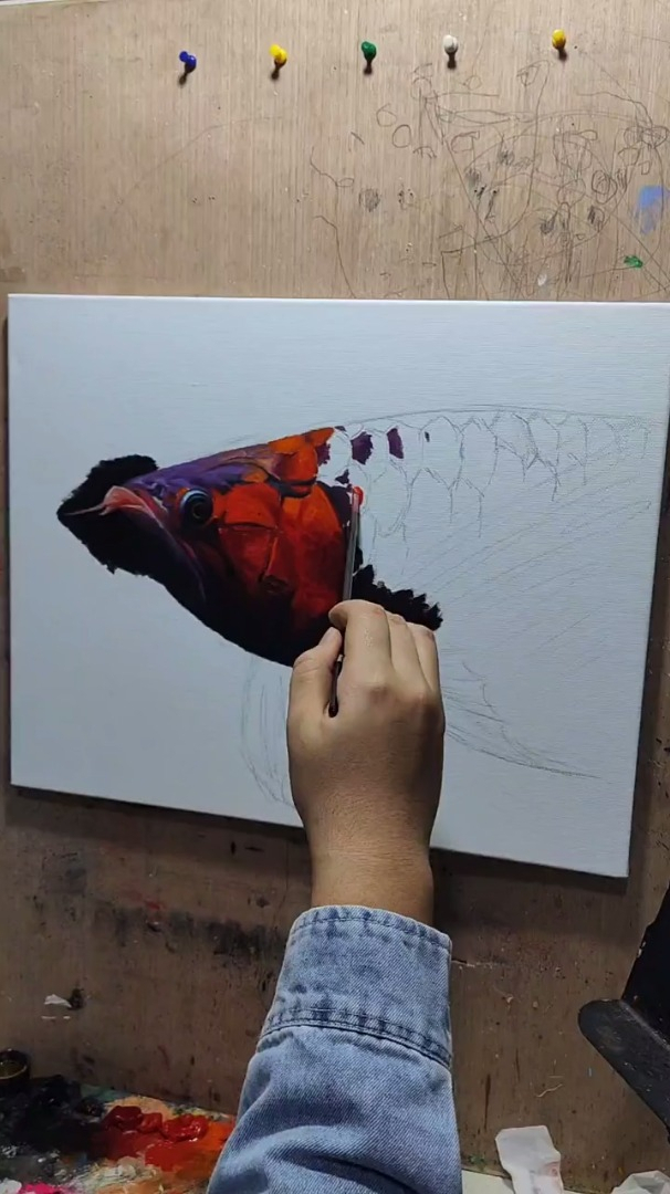 油画龙鱼,铺底色了