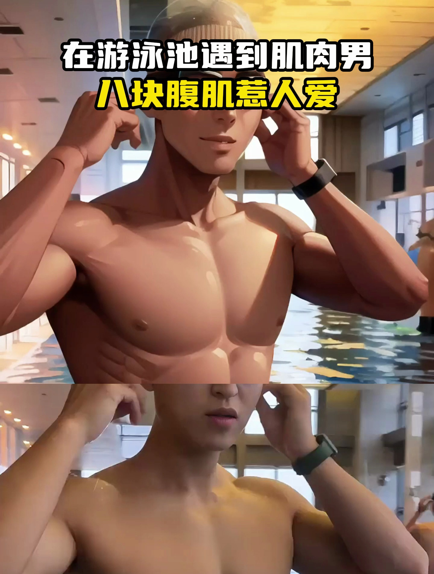 在游泳池遇到肌肉男,八块腹肌太惹人爱了