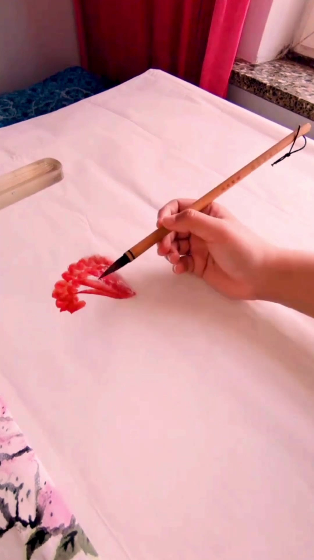 国画鸡冠花配石头的视频画法