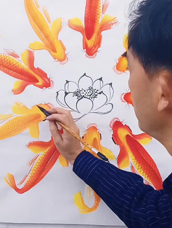 小写意鲤鱼,梦幻般水纹纯手绘