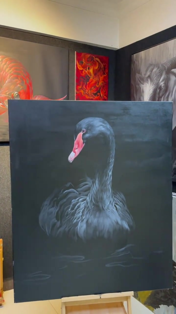 丙烯画黑天鹅黑色背景里画黑天鹅