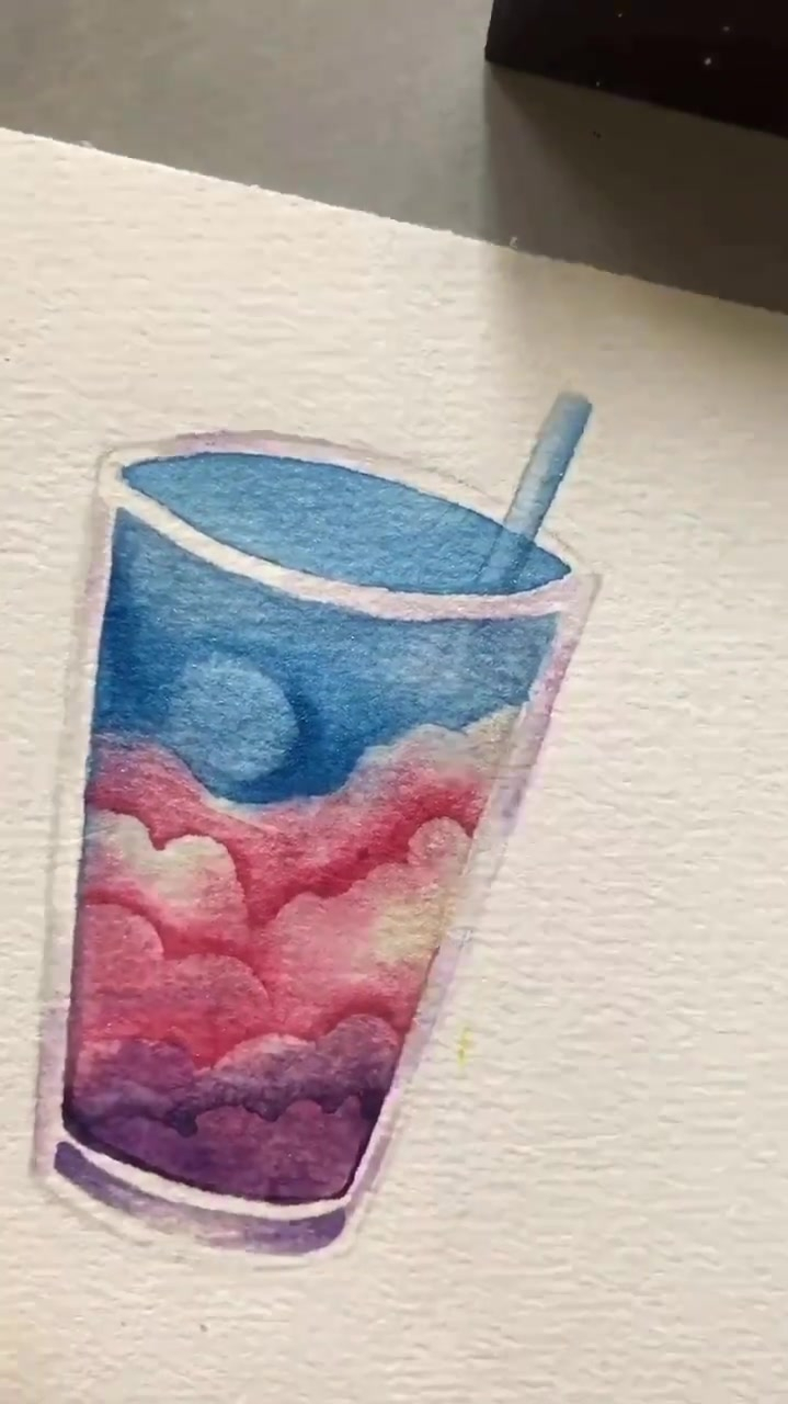 水杯里的星空水彩插画过程