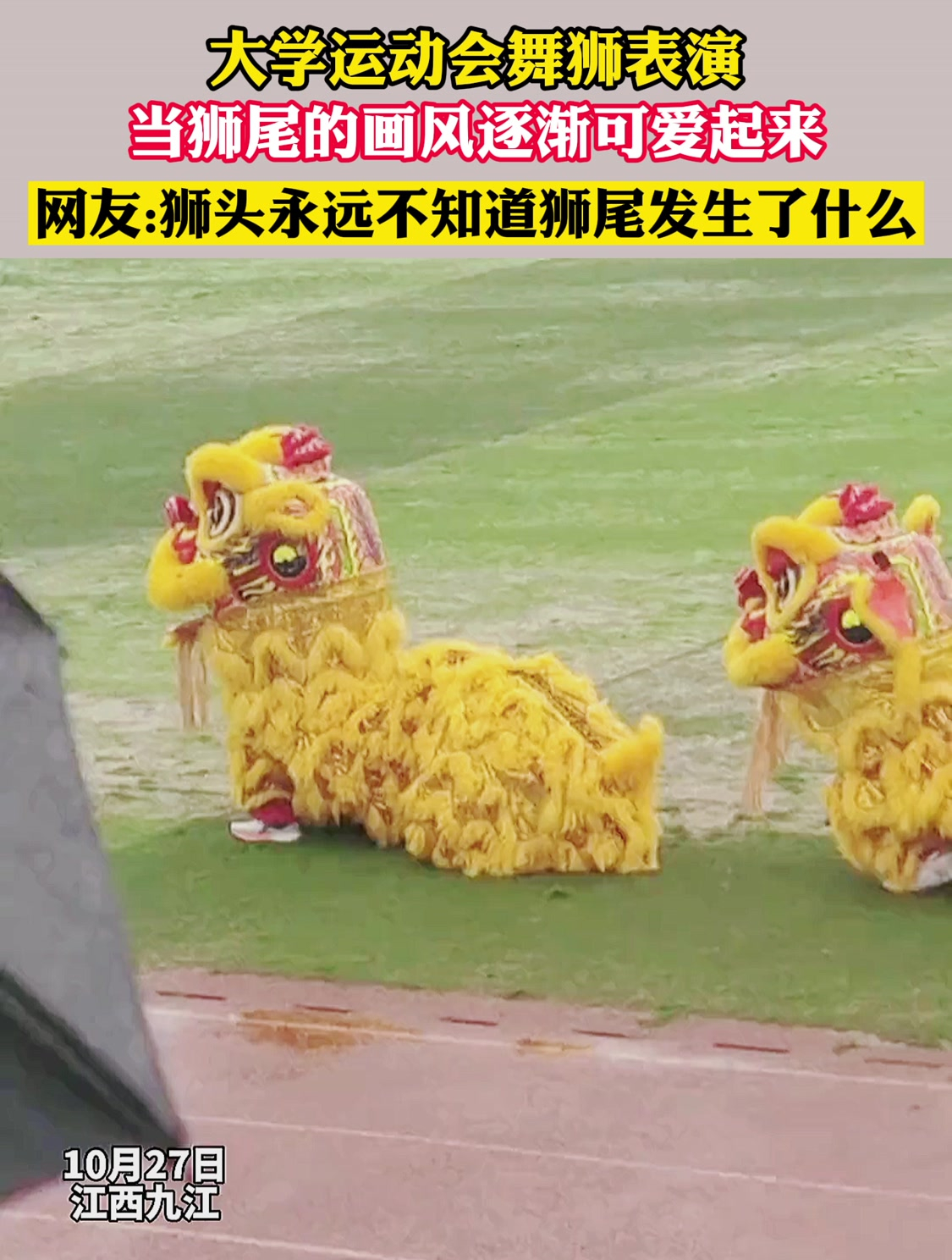 大学舞狮表演,狮尾逐渐可爱。网友:狮头永远不知道狮尾发生什么