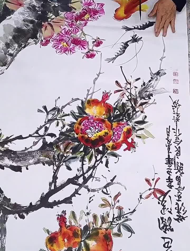 国画彭城三友合作六尺花鸟鱼虾作品