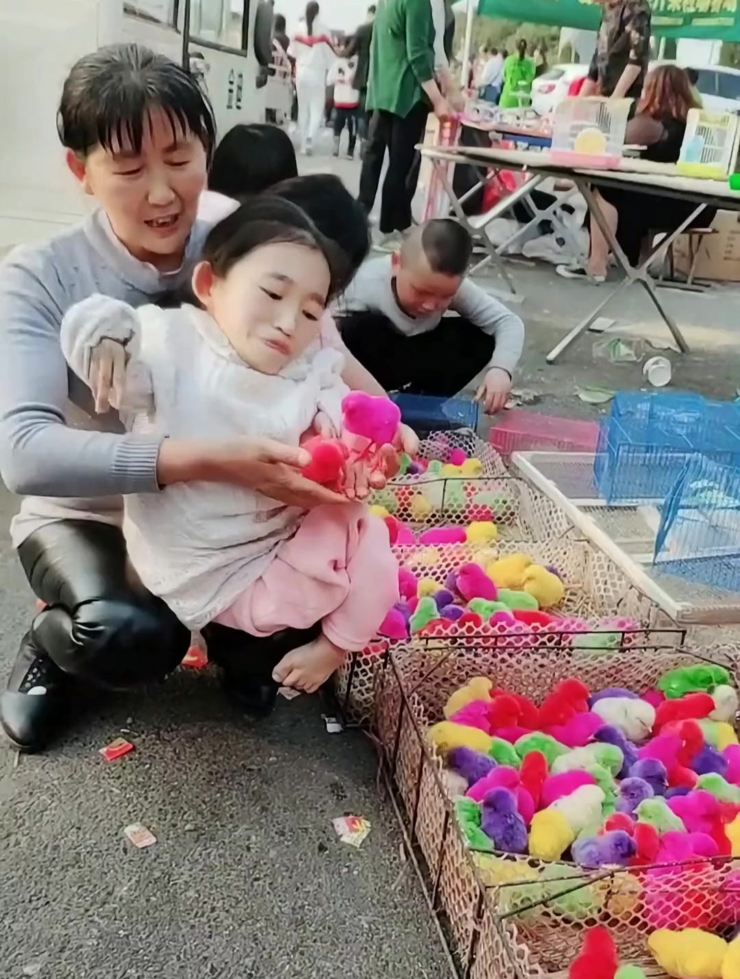 妈妈抱着我到集市上去,看到小鸡就像让我摸一摸,把我当小孩子