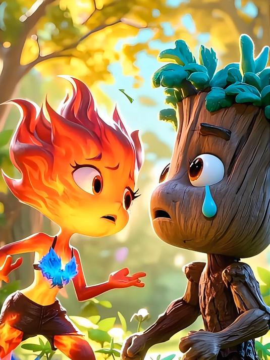 火女孩帮树宝宝赶走砍伐树木的工人