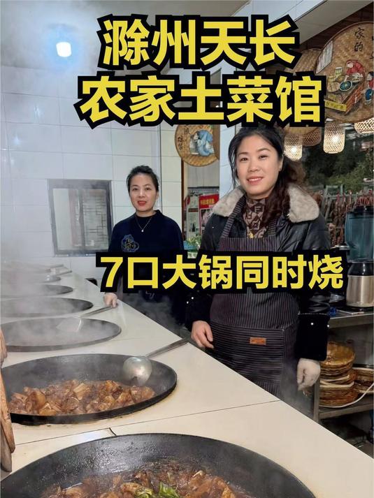 安徽天长农村土菜馆,两大美女同时烧7口大锅,菜烧的真好吃