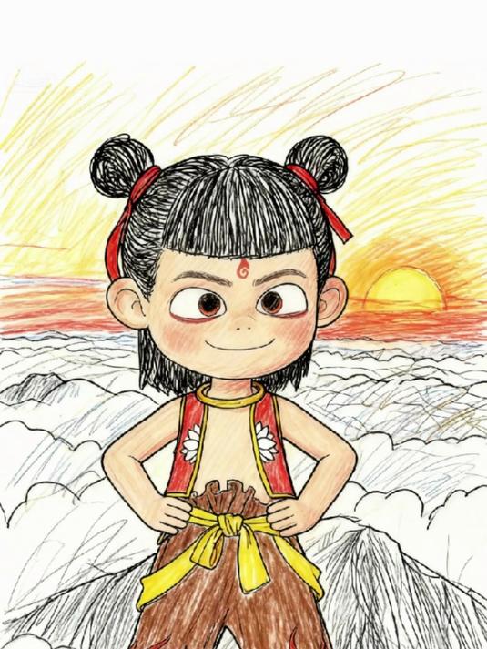 脑补画哪吒斗龙王 儿子画哪吒坐莲花